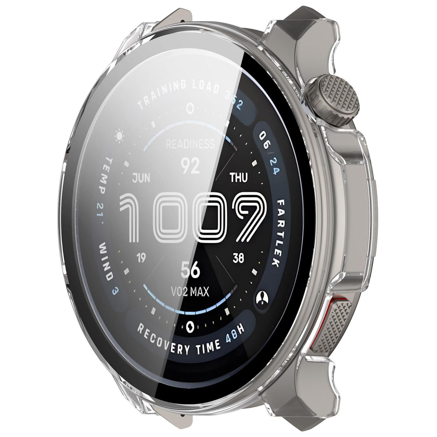 Nahaufnahme einer Smartwatch, die Daten anzeigt: Zeit, Bereitschaftswert und Erholungszeit. Die Uhr hat ein transparentes Gehäuse und eine silberne Lünette.