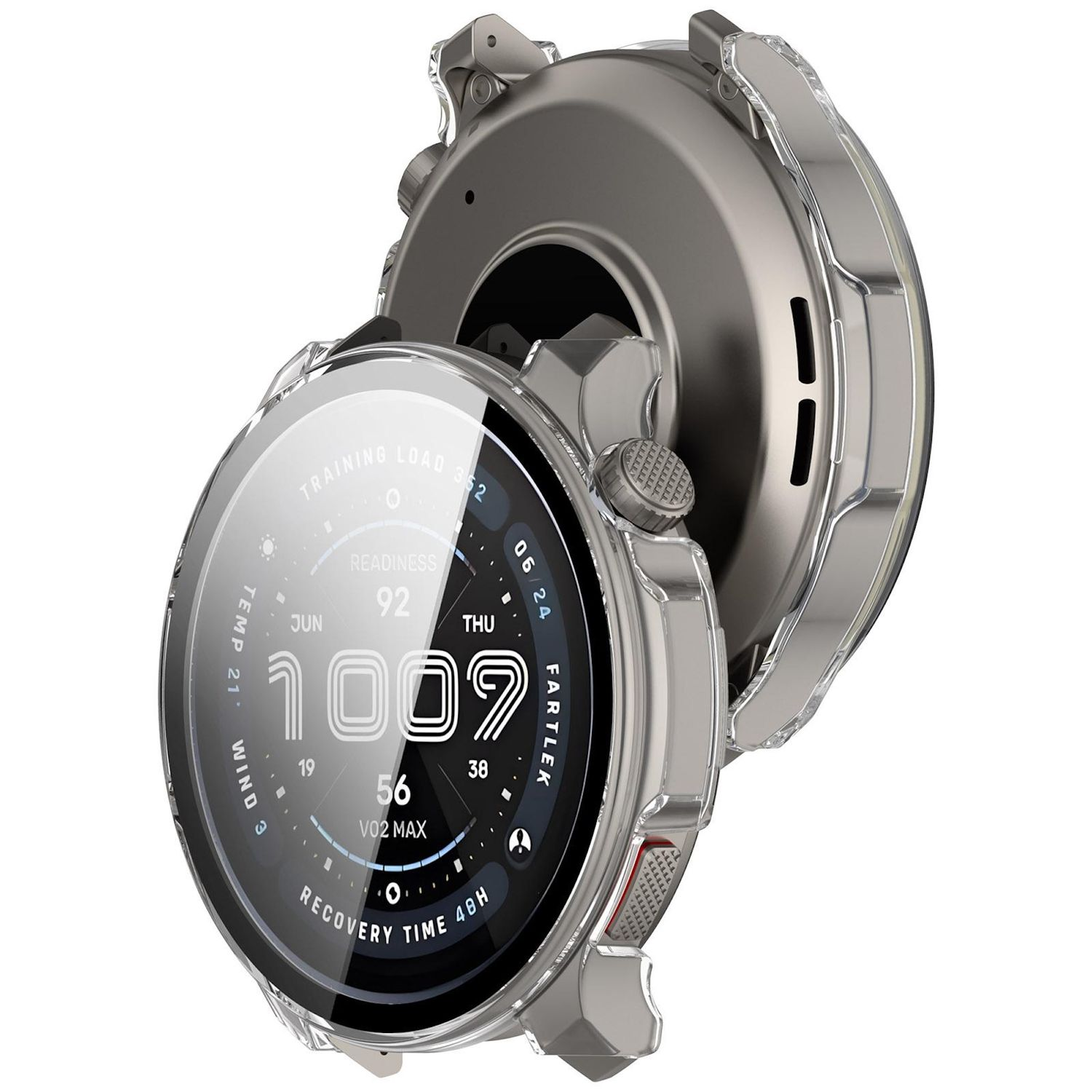 Eine Smartwatch mit transparentem Gehäuse. Der Bildschirm zeigt Daten: Uhrzeit, Datum, Bereitschaft und andere Gesundheitsmetriken.