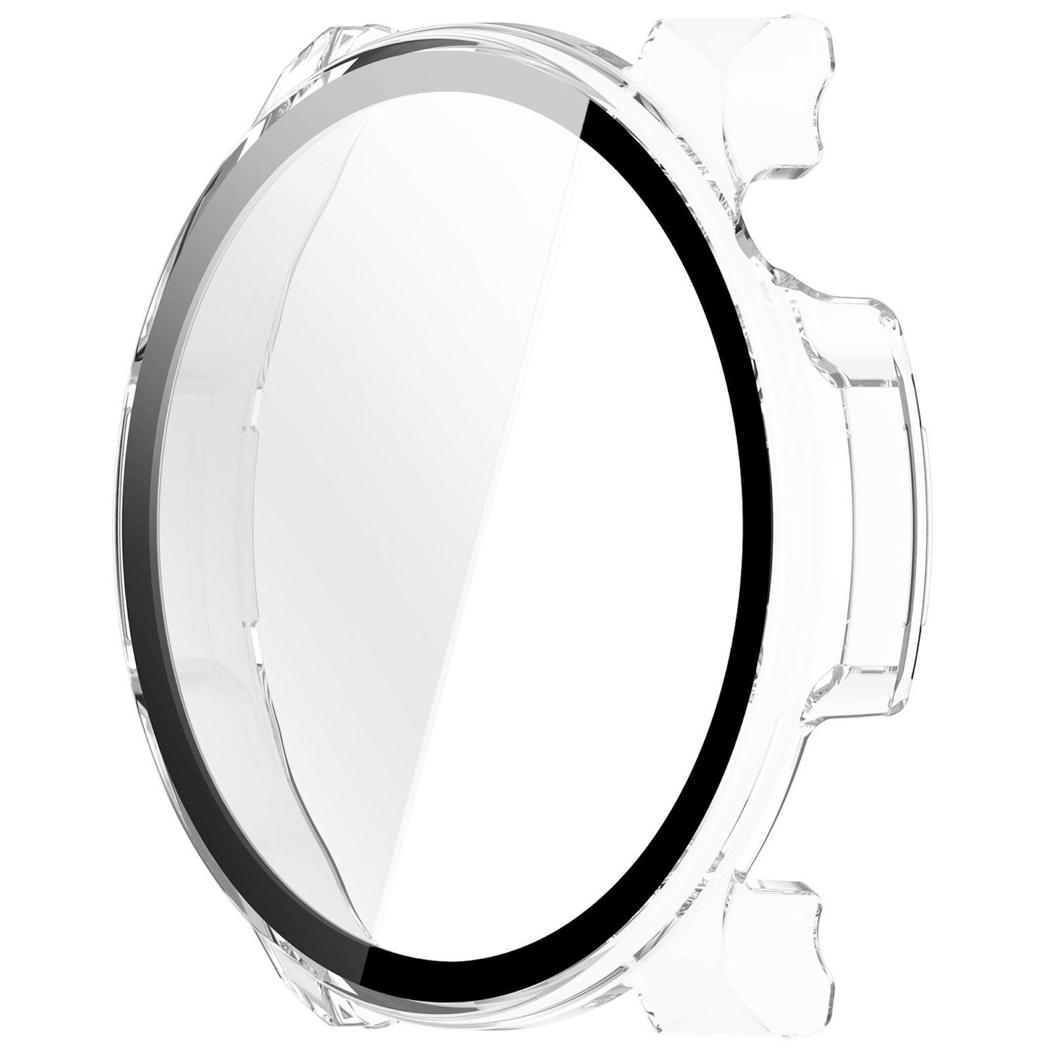 Eine transparente Schutzhülle für eine Uhr. Sie hat einen kreisförmigen Rahmen mit einem schwarzen Innenring. Der Hintergrund ist weiß.