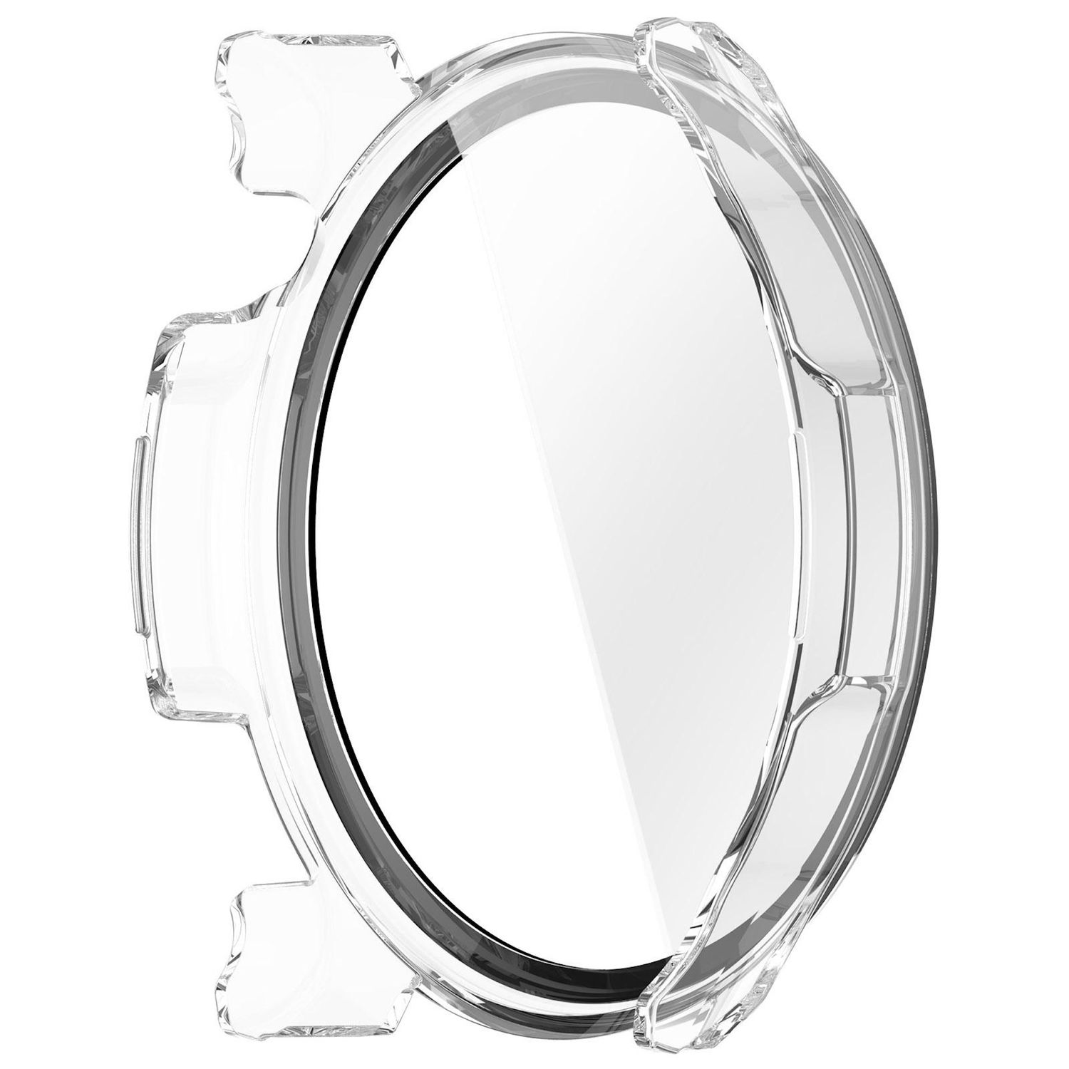 Eine transparente Uhrenschutzhülle. Sie hat eine kreisförmige Form mit einem schwarzen Ring im Inneren. Das Gehäuse hat einige Vorsprünge.