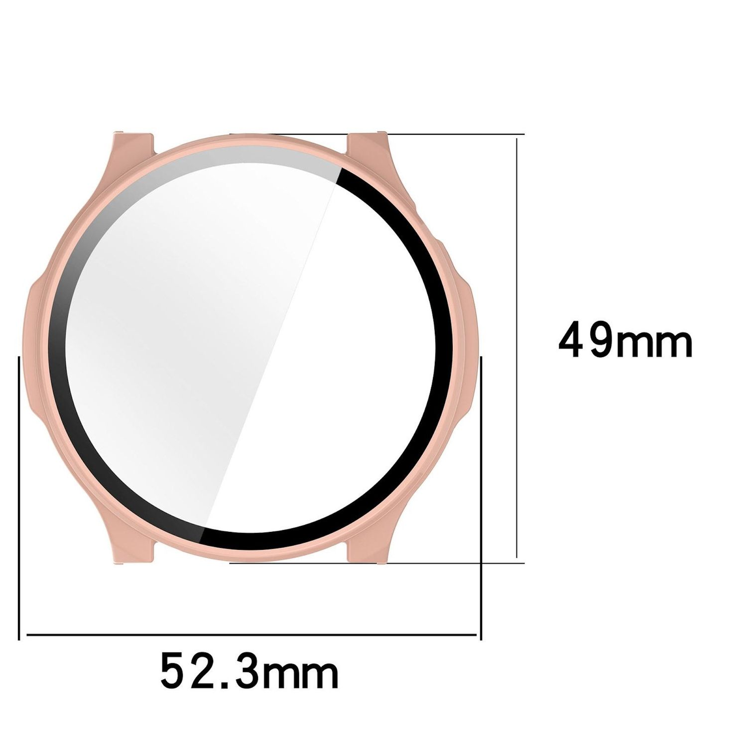 Diagramma di una protezione per quadrante di orologio. Le misure sono 52,3 mm e 49 mm. La protezione è rosa chiaro con bordo nero.
