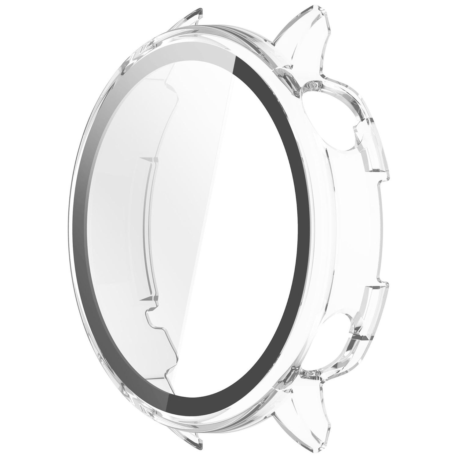 Una custodia per orologio trasparente. Ha una forma circolare con un bordo grigio scuro ed estensioni trasparenti.