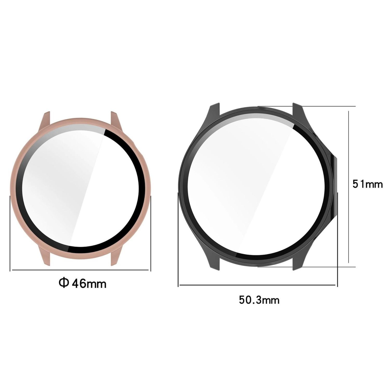 Due protezioni per quadranti di orologi: una rosa da 46 mm, l'altra nera da 50,3 mm. Dimensioni indicate. Entrambe hanno un centro trasparente.