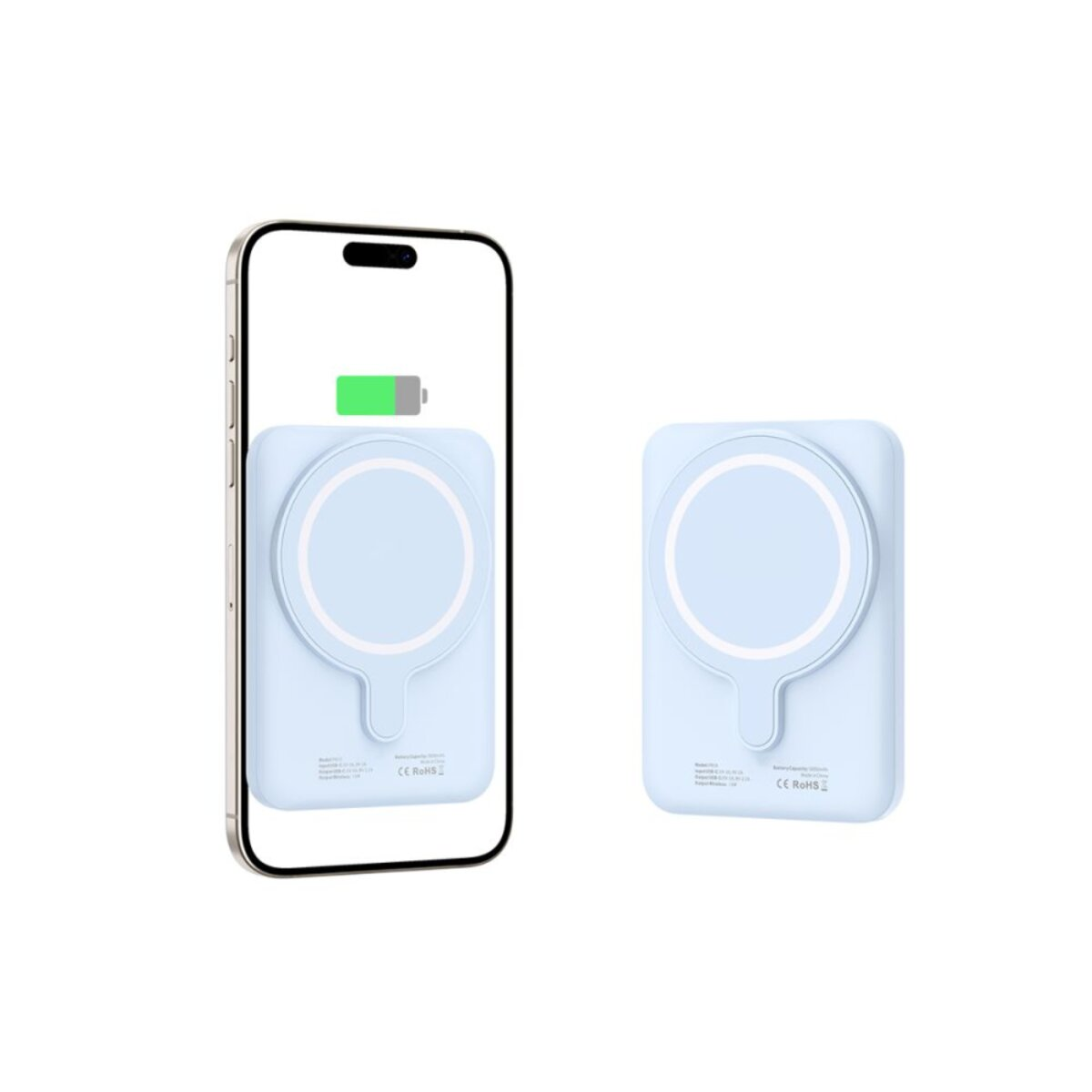 Un téléphone affichant un statut de charge à côté d'un chargeur sans fil bleu. Un autre chargeur est à côté. Les deux ont des cercles blancs.