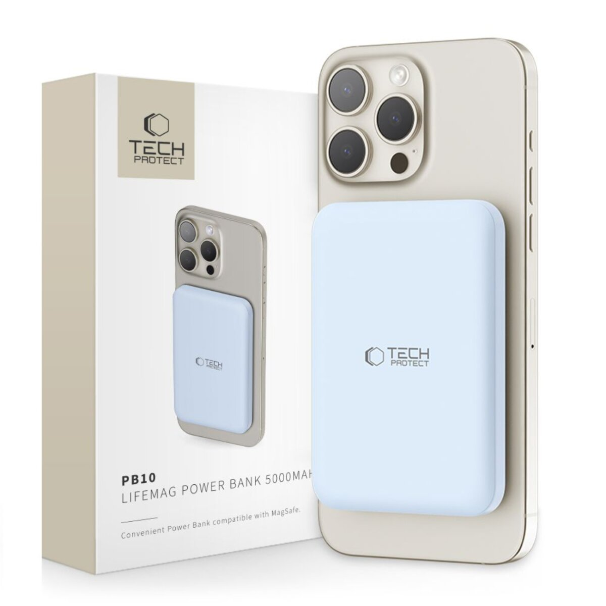 Un iPhone avec une batterie externe bleu clair attachée. Une boîte montre le téléphone et la batterie externe. Sur la boîte, il est écrit 'TECH PROTECT'.