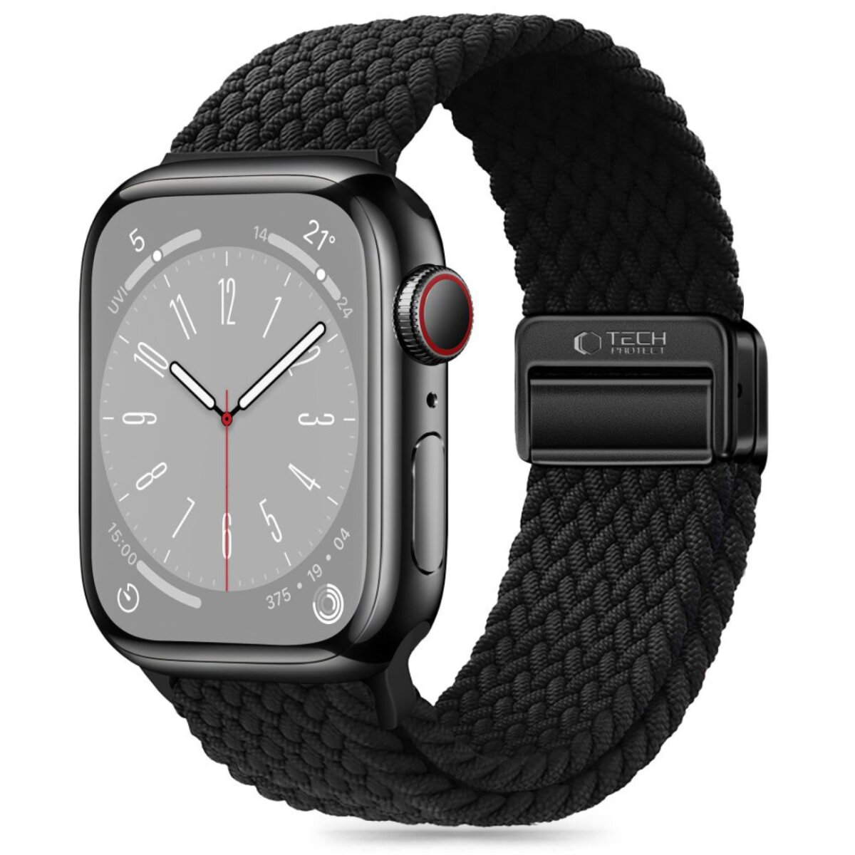 Une Apple Watch noire avec un bracelet noir tissé. Le cadran affiche l'heure et d'autres mesures. Le bracelet a un fermoir en métal.