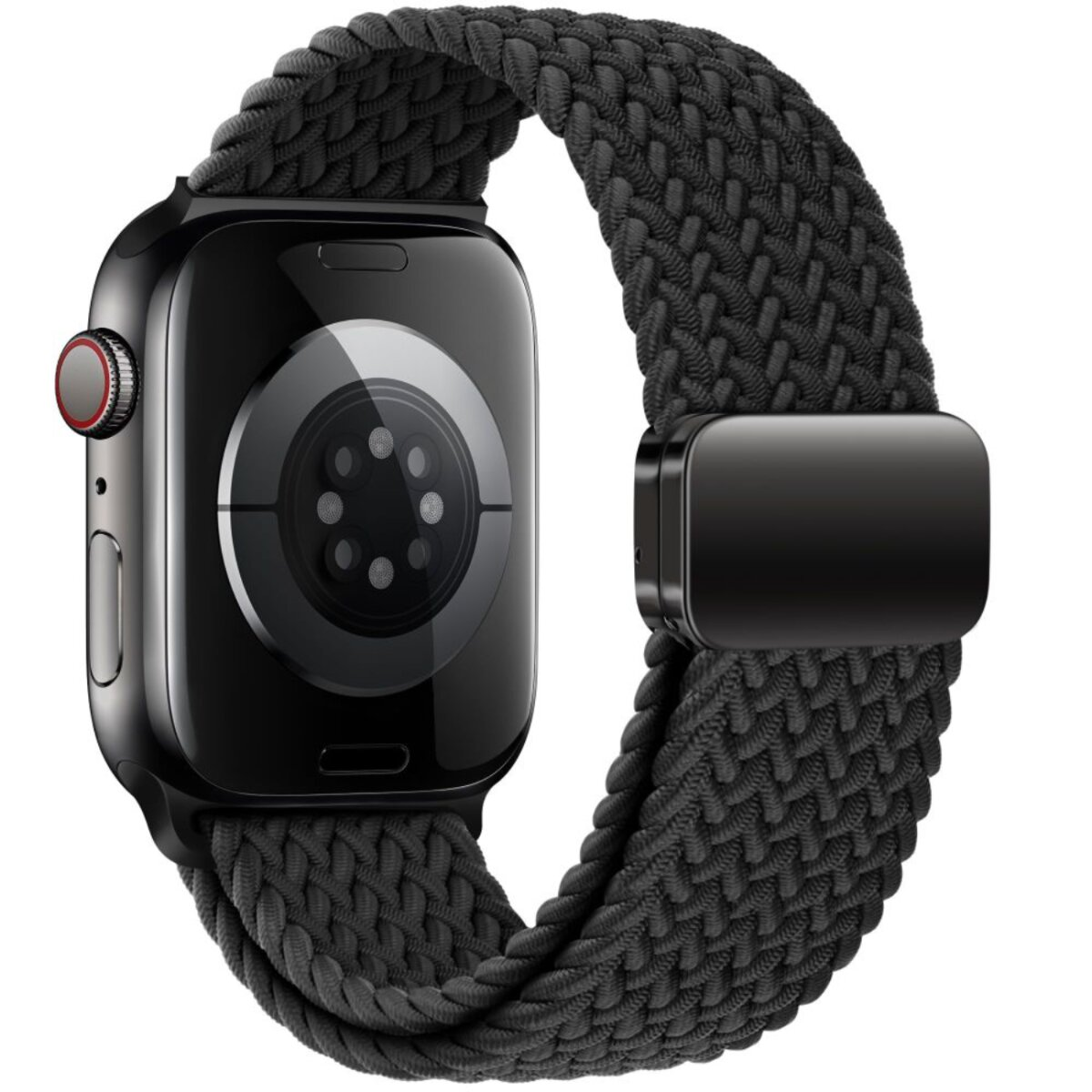 Une Apple Watch noire avec un bracelet noir tressé est montrée. Le cadran est visible et le bracelet a un fermoir en métal.
