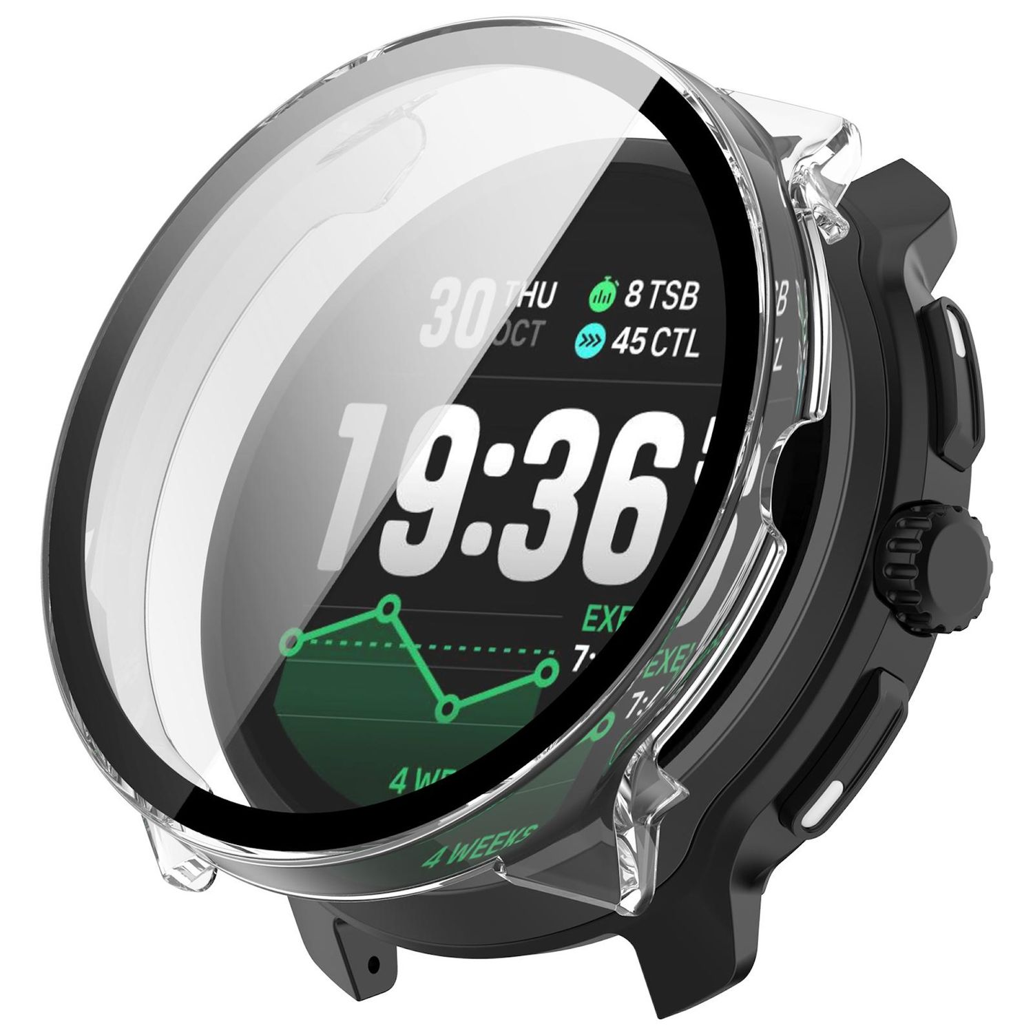 Smartwatch nero con copertura protettiva trasparente. Lo schermo mostra ora, data e metriche di salute. Display digitale con elementi verdi e bianchi.