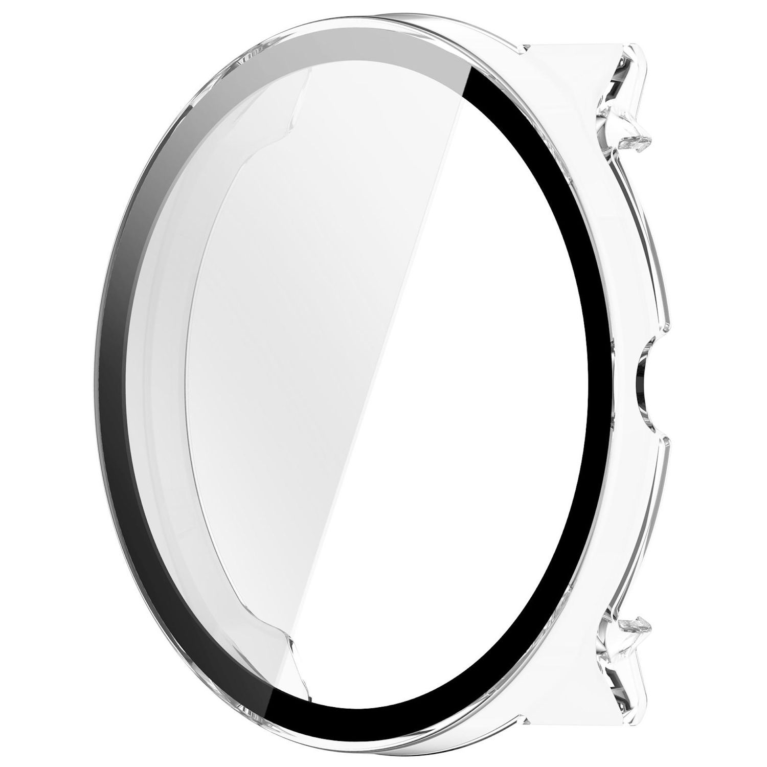 Un proteggi cassa per orologio trasparente e circolare con bordo nero. Design trasparente su sfondo bianco.