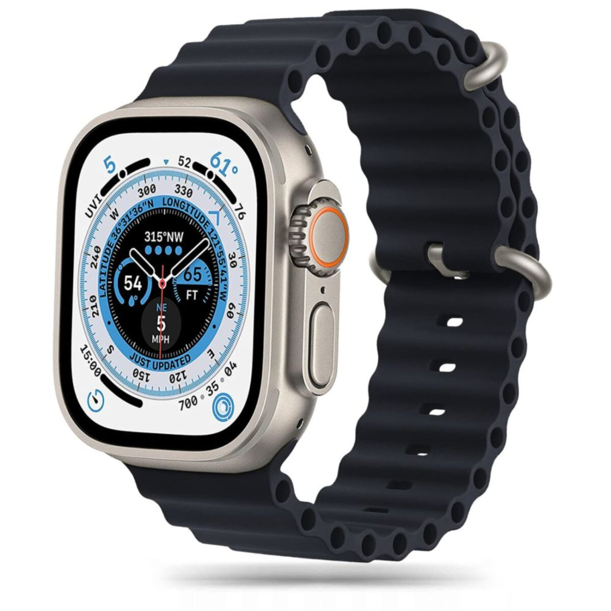 Eine silberne Smartwatch mit schwarzem Armband. Das Zifferblatt zeigt verschiedene Metriken an. Der Hintergrund ist weiß.