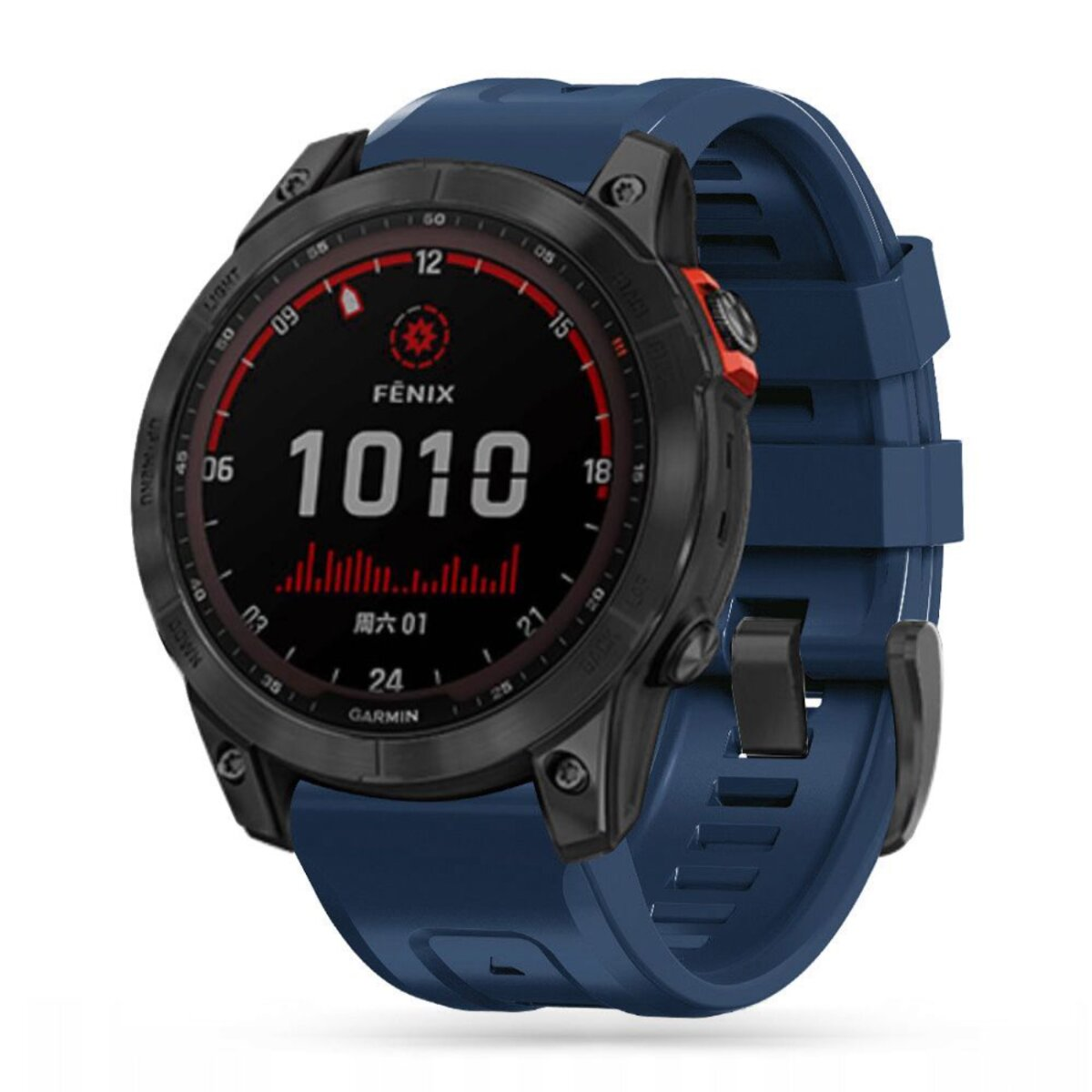 Eine Garmin Fenix Smartwatch mit schwarzem Gehäuse und blauem Armband. Der Bildschirm zeigt Daten in Weiß und Rot an.
