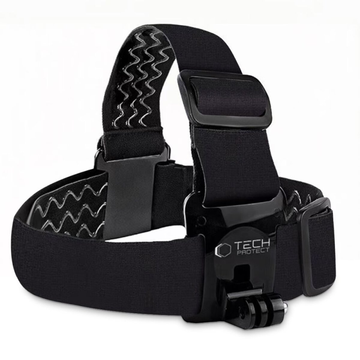 Zwarte hoofdband voor actiecamera's. Het heeft verstelbare bandjes, plastic gespen en een bevestiging voor de camera. Het TECH PROTECT logo is zichtbaar.