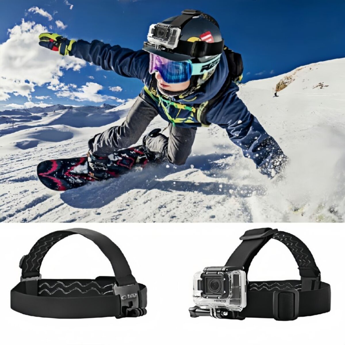 Een snowboarder in actie op een besneeuwde helling. Hij draagt een helm met camera, bril en donkere kleding.