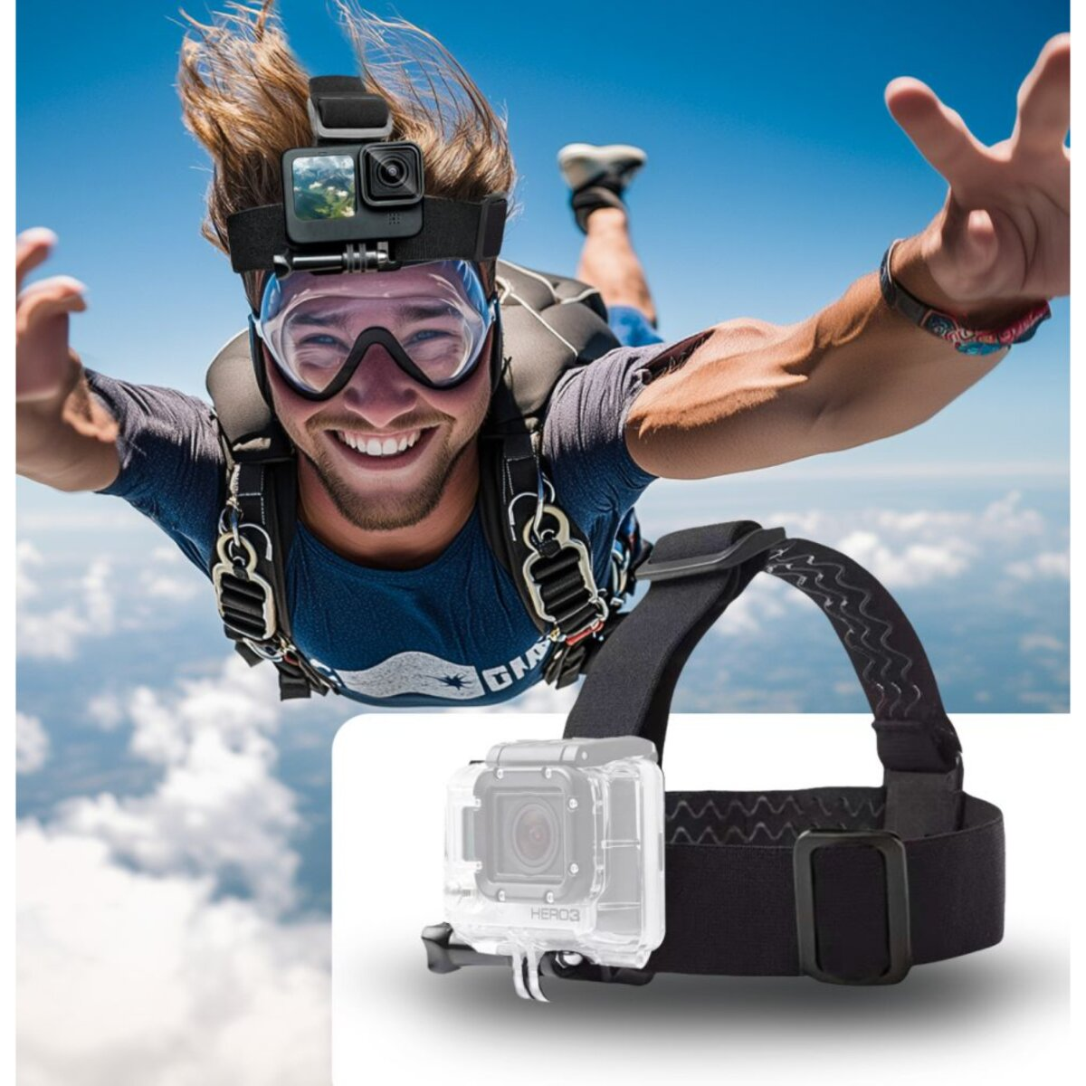 Een man die aan het skydiven is, lacht naar de camera. Hij draagt een bril en een camerariem. Een GoPro-camera is zichtbaar.