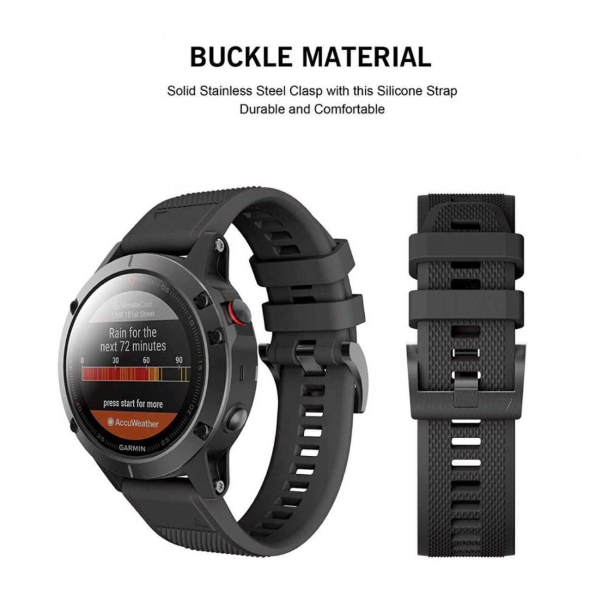 Smartwatch nera con info meteo e cinturino staccato. Testo: Materiale fibbia, chiusura in acciaio inox, cinturino in silicone, durevole.