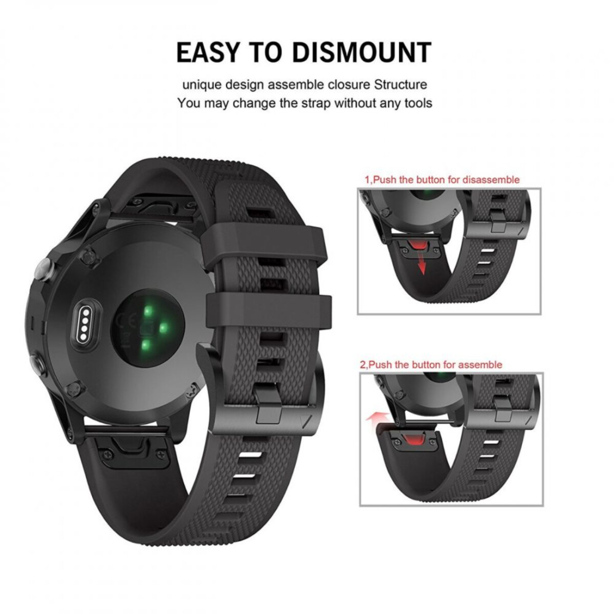 Smartwatch nero con istruzioni per la rimozione del cinturino. Il testo dice 'Easy to Dismount'. Due diagrammi mostrano la pressione del pulsante per smontare e assemblare.