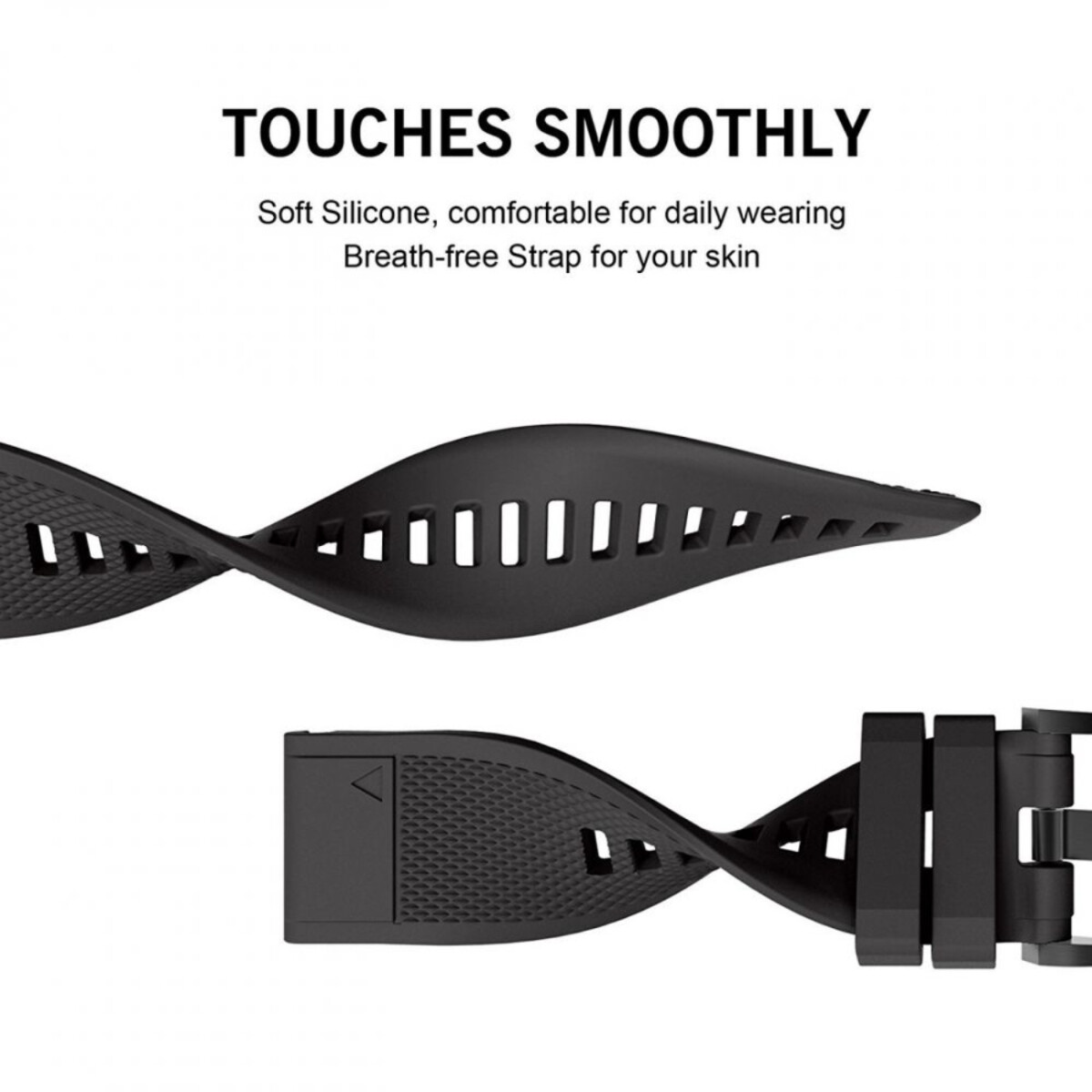 Cinturino nero, design ondulato, con testo: tocco liscio, silicone morbido, comodo da indossare, cinturino traspirante.