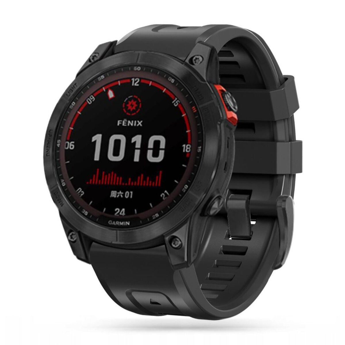 Schwarze Garmin Fenix Uhr. Die Uhr zeigt Zeit und Daten an und hat einen roten Akzent. Die Uhr befindet sich auf weißem Hintergrund.
