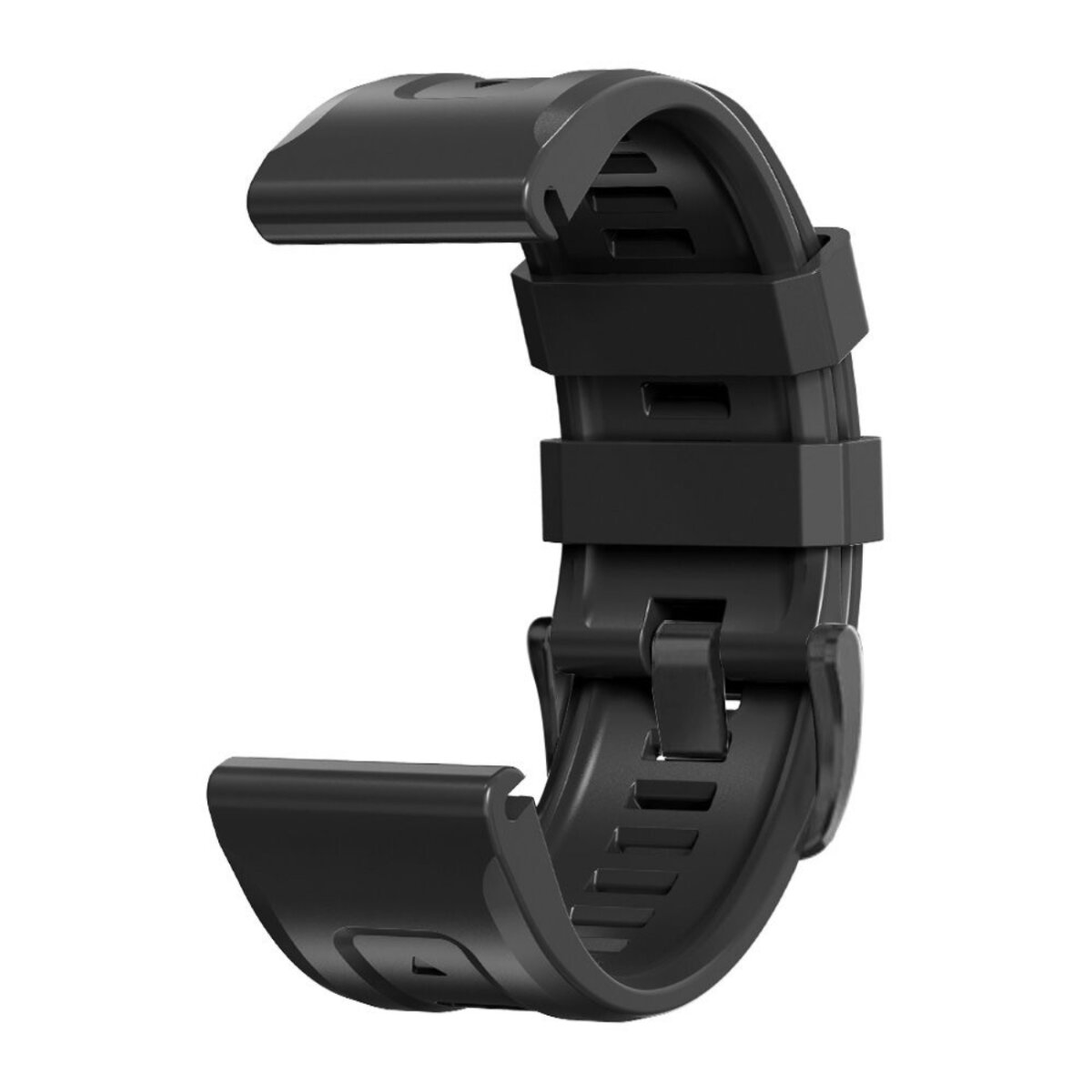 Nahaufnahme eines schwarzen Uhrenarmbands aus Gummi oder ähnlichem Material. Das Armband ist gebogen und hat einen Verschluss.