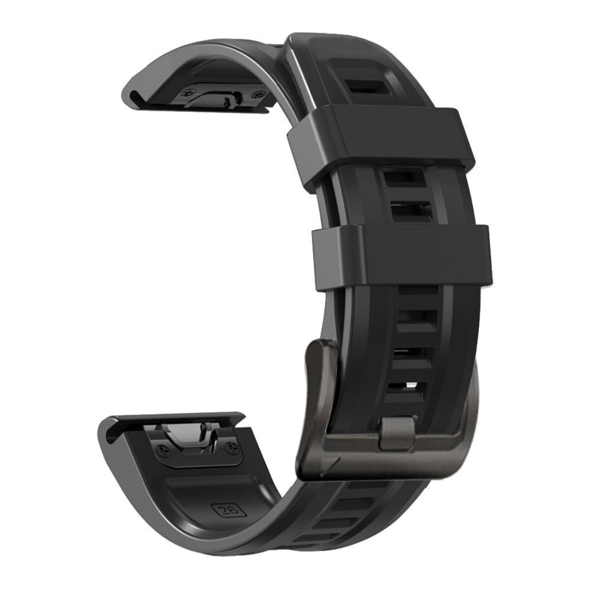 Nahaufnahme eines schwarzen Uhrenarmbands. Das Armband hat eine Schnalle und besteht aus flexiblem Material.
