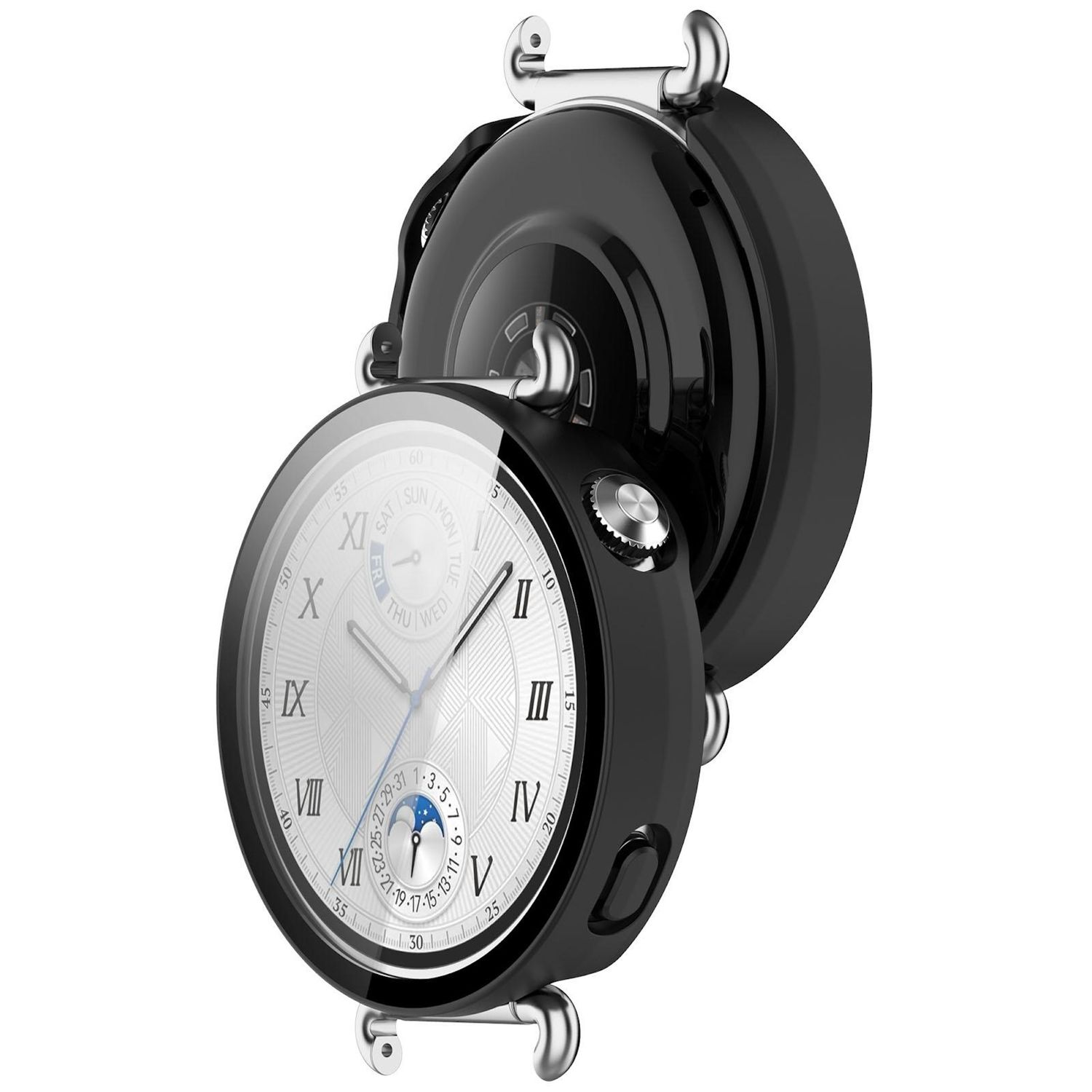 Nahaufnahme einer schwarzen Smartwatch mit rundem Zifferblatt. Es hat einen Metallrahmen und ein detailliertes Zifferblatt mit römischen Ziffern.