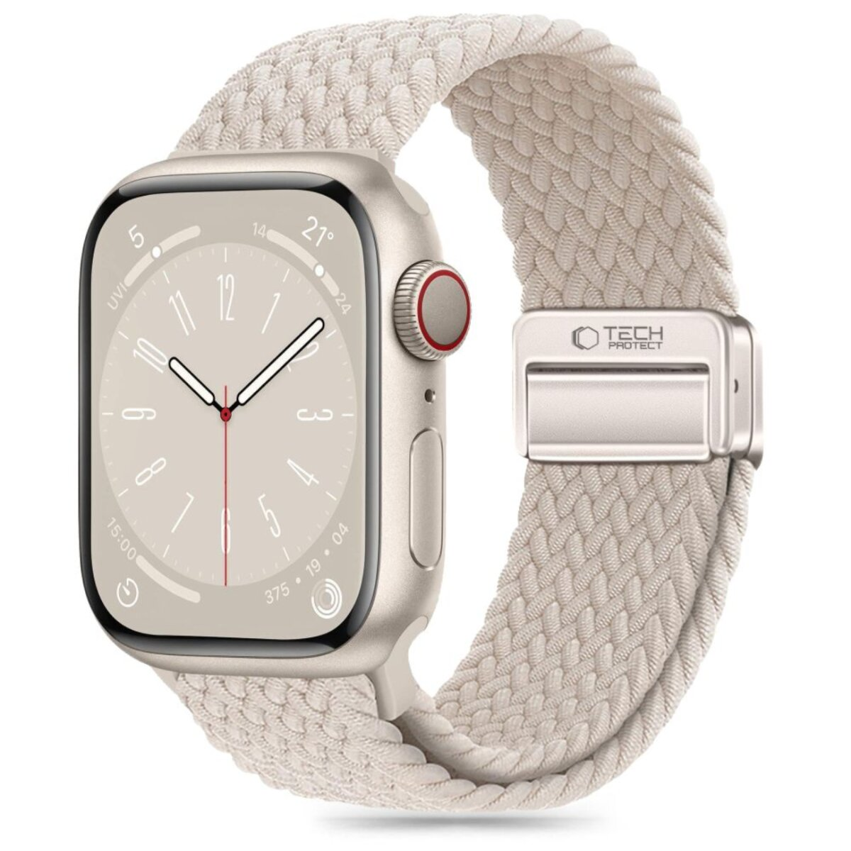 Eine Apple Watch mit cremefarbenem geflochtenem Armband. Das Zifferblatt zeigt die Uhrzeit an. Das Armband hat einen Metallverschluss mit 'TECH PROTECT'.