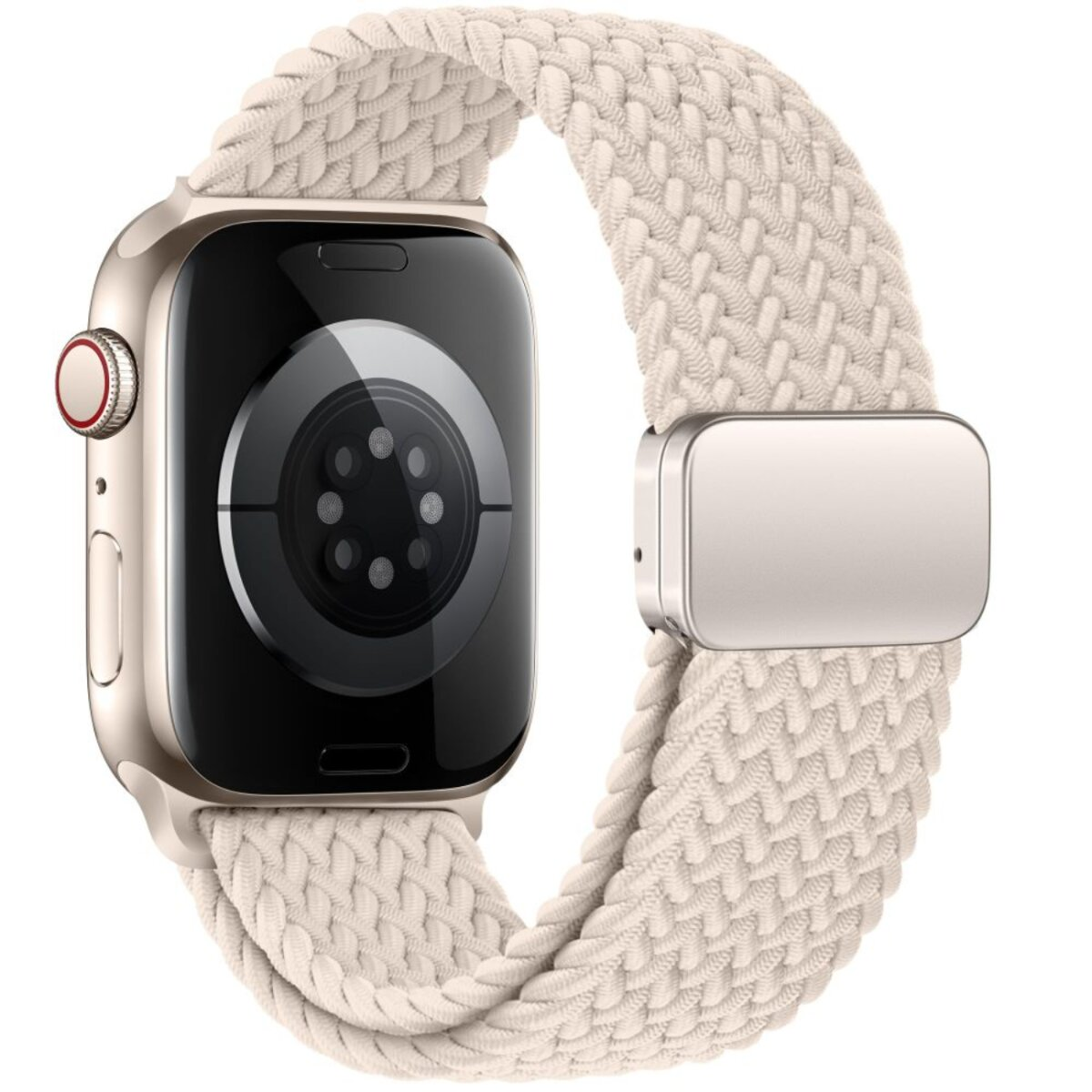 Eine cremefarbene Apple Watch mit geflochtenem Armband. Das Zifferblatt ist schwarz. Der Verschluss ist silberfarben.