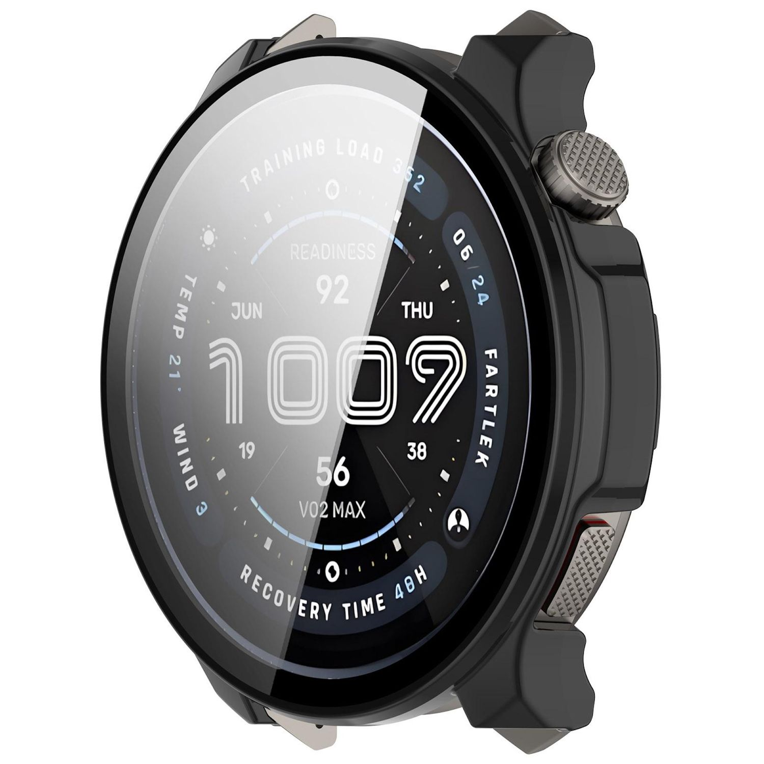 Un primo piano di uno smartwatch che mostra l'ora, la prontezza e altre metriche. L'orologio è nero con dettagli argentati.
