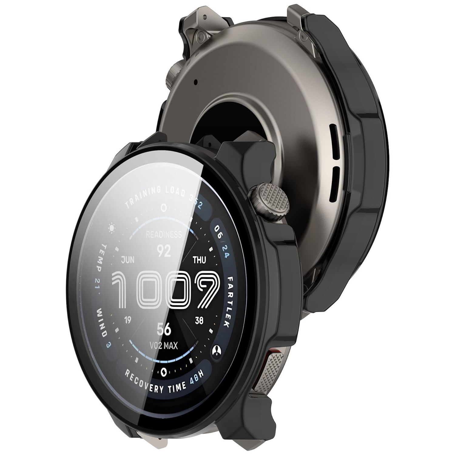 Uno smartwatch mostra statistiche come tempo, temperatura e prontezza. Ha una lunetta nera e un corpo grigio metallizzato. Lo schermo visualizza dati.