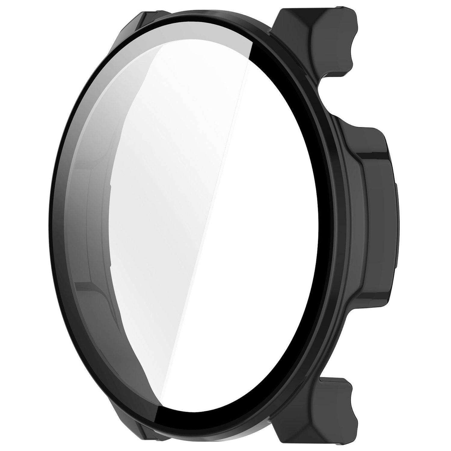 Primo piano di una lunetta di orologio nera con schermo in vetro trasparente. La lunetta è rotonda con due piccole sporgenze.