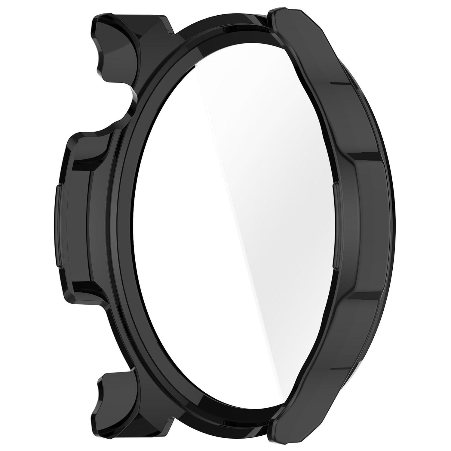 Una lunetta nera per orologio con una protezione schermo trasparente. La lunetta ha un design unico con bordi curvi e ritagli.