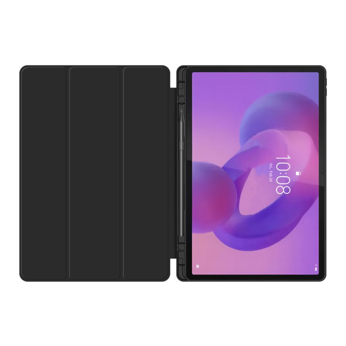Ein Tablet mit lila und weißem Bildschirm, der die Uhrzeit anzeigt, ist neben seiner schwarzen Hülle geöffnet. Ein Stift ist befestigt.