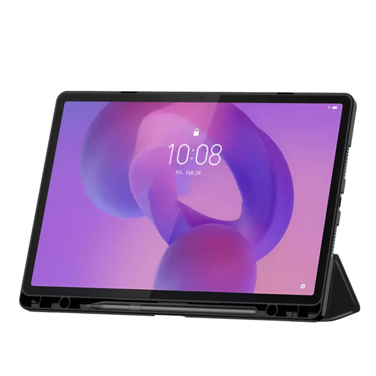 Ein Tablet mit schwarzem Gehäuse zeigt einen Sperrbildschirm um 10:08 Uhr am Fr., 24. Feb. Der Bildschirm hat einen violett-blauen Hintergrund.