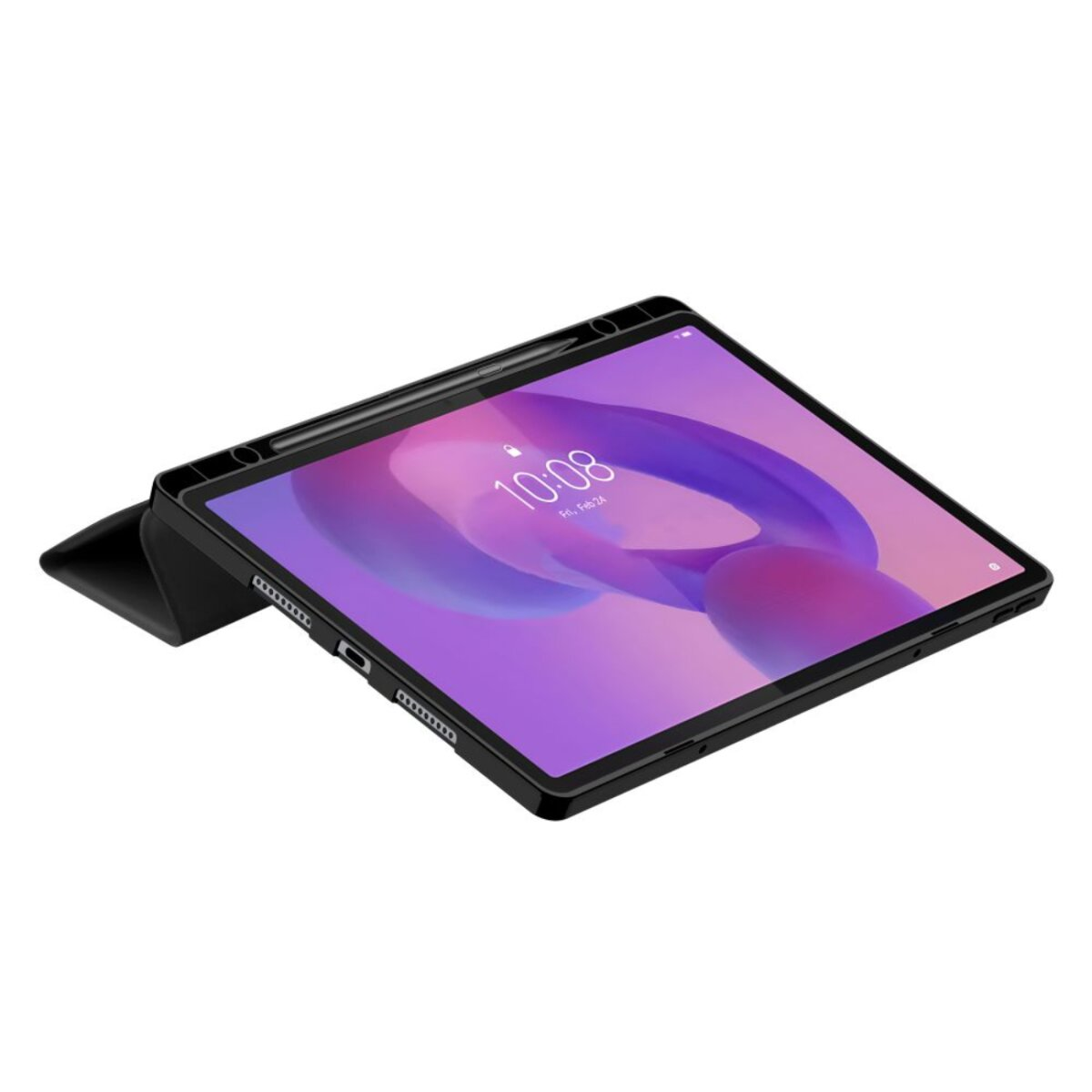 Ein Tablet mit schwarzem Gehäuse ist leicht geöffnet und zeigt einen lila-weißen Bildschirm. Die Uhrzeit 10:08 ist auf dem Bildschirm zu sehen.