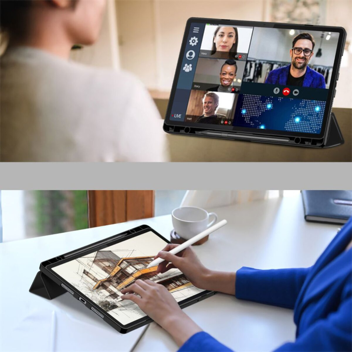 Ein Tablet zeigt einen Videoanruf mit vier Personen. Ein anderes Tablet zeigt eine Skizze eines Gebäudes; eine Hand hält einen Stift.