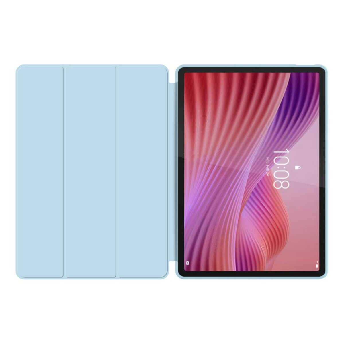 Ein Tablet mit hellblauer Hülle, geöffnet, um den Bildschirm freizugeben. Der Bildschirm zeigt ein buntes abstraktes Design und die Uhrzeit.