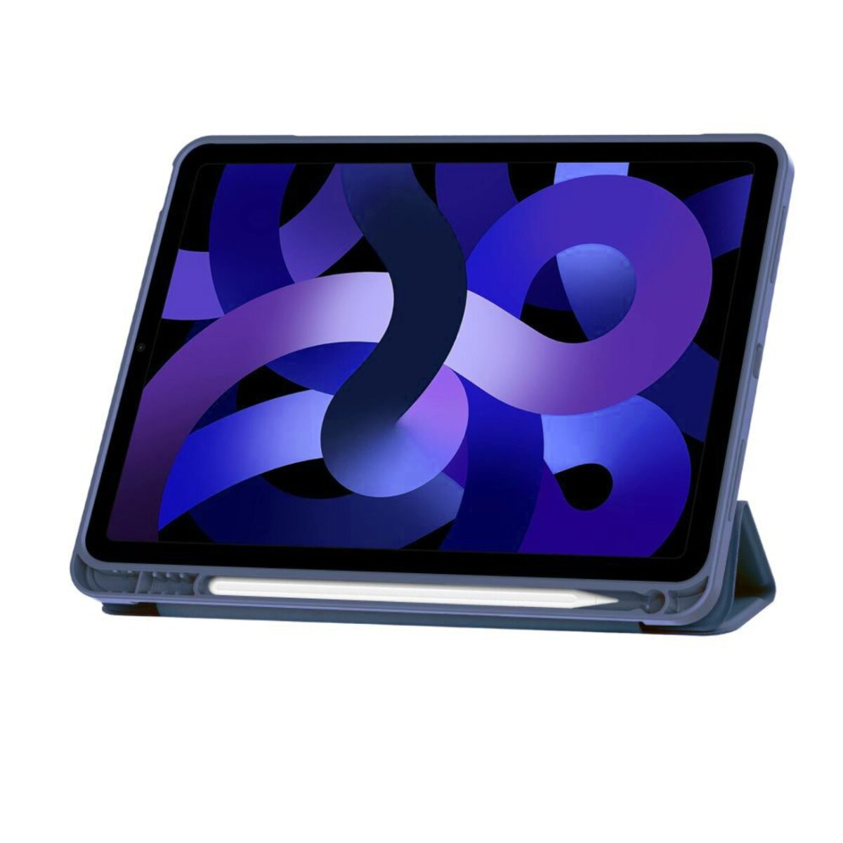 Tablet in blauem Gehäuse, zeigt ein dunkelblaues und lila abstraktes Bild. Ein weißer Stift ist befestigt. Das Gehäuse ist abgewinkelt.
