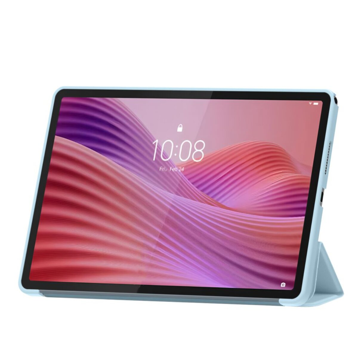 Ein Tablet mit hellblauem Gehäuse, das die Uhrzeit 10:08 auf einem rosa abstrakten Hintergrund anzeigt. Das Gehäuse ist geöffnet und dient als Ständer.