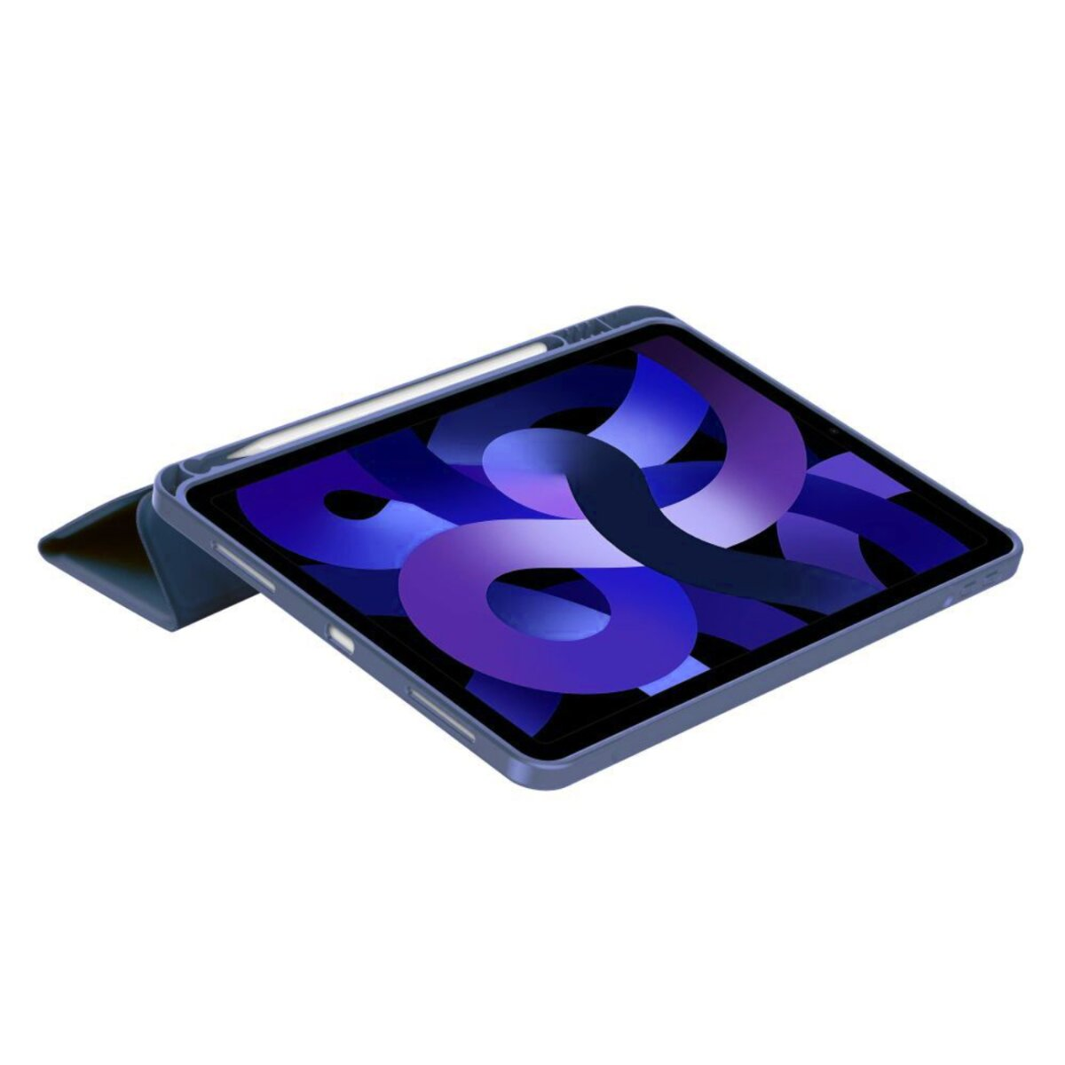Ein blaues iPad Air mit passendem Gehäuse wird aus einem Winkel gezeigt. Der Bildschirm zeigt eine blaue und violette Grafik.