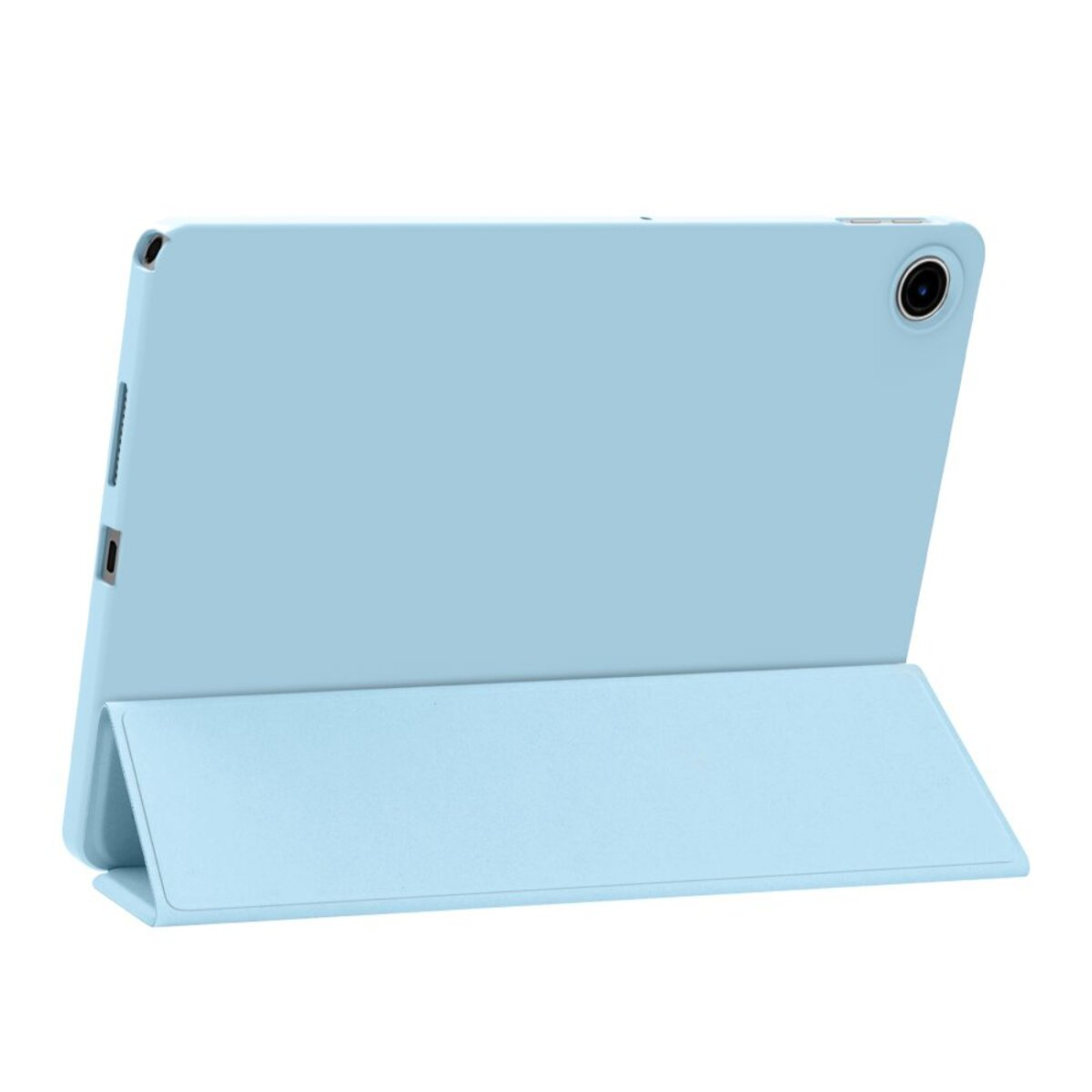 Ein hellblaues Tablet mit Schutzhülle. Die Hülle ist gefaltet, um das Tablet aufzustellen. Eine Kamera ist sichtbar.