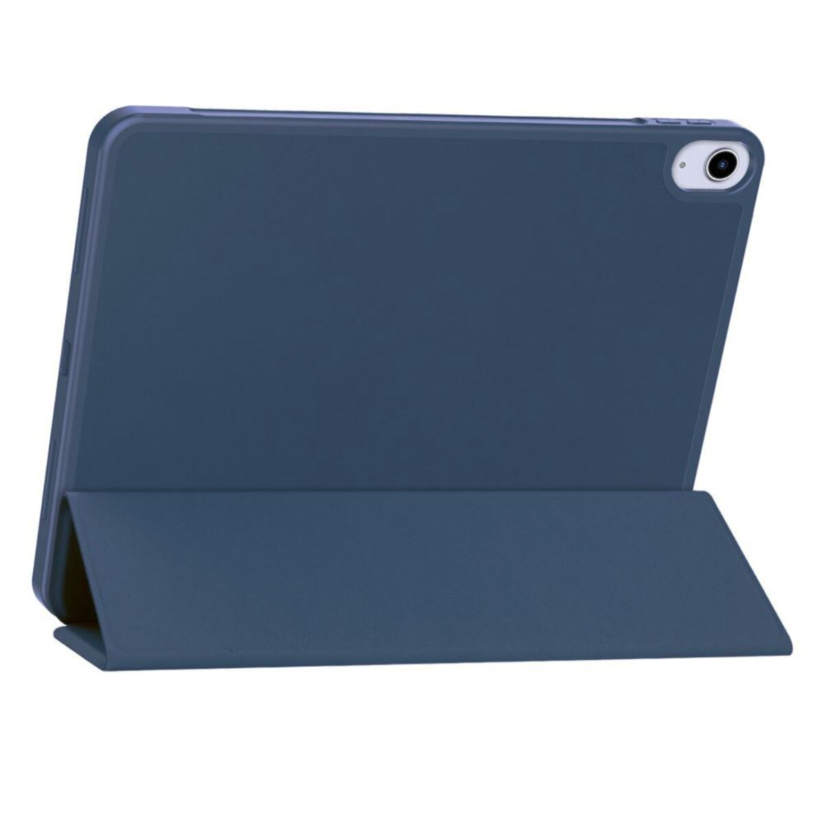Eine dunkelblaue Tablethülle, teilweise geöffnet, um das Tablet zu zeigen. Die Hülle befindet sich auf weißem Hintergrund.