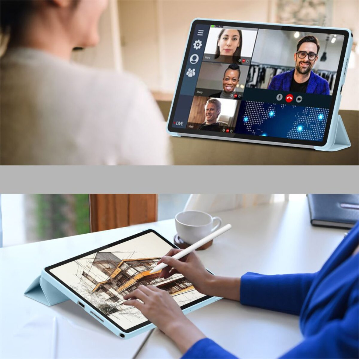 Ein Tablet zeigt einen Videoanruf und eine architektonische Zeichnung. Zwei Personen benutzen das Tablet, eine in einem Meeting, eine zeichnet.