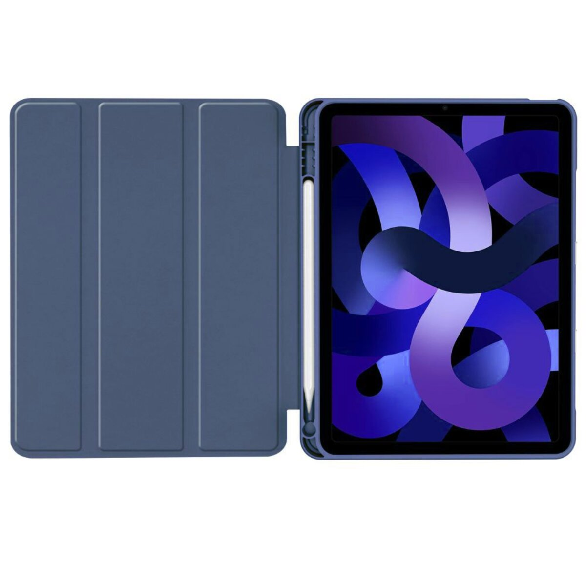 Blaues Tablet mit geöffneter Hülle. Stylus befestigt. Der Bildschirm zeigt ein abstraktes lila Design.