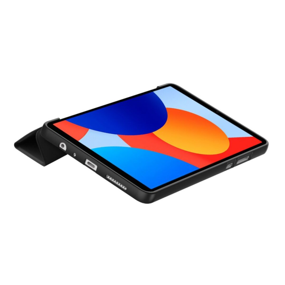 Tablet in schwarzem Gehäuse, Bildschirm zeigt blaue, orange und rote Formen. Das Tablet ist geneigt, das Gehäuse ist links offen.