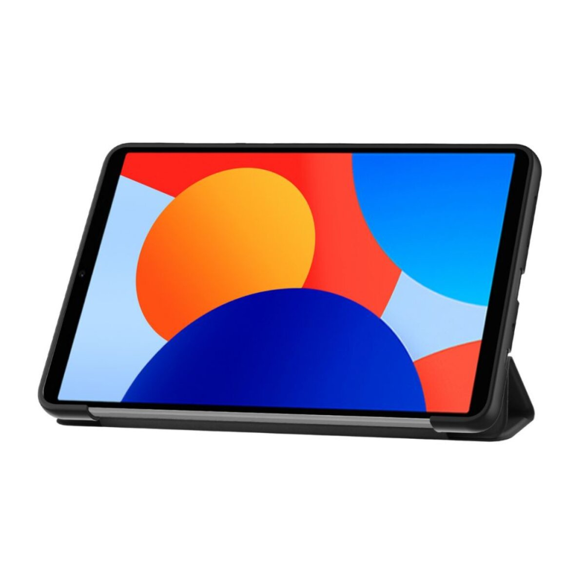 Tablet in schwarzem Gehäuse, Bildschirm mit farbenfrohem Design mit orangefarbenen, blauen und roten Formen auf hellblauem Hintergrund.