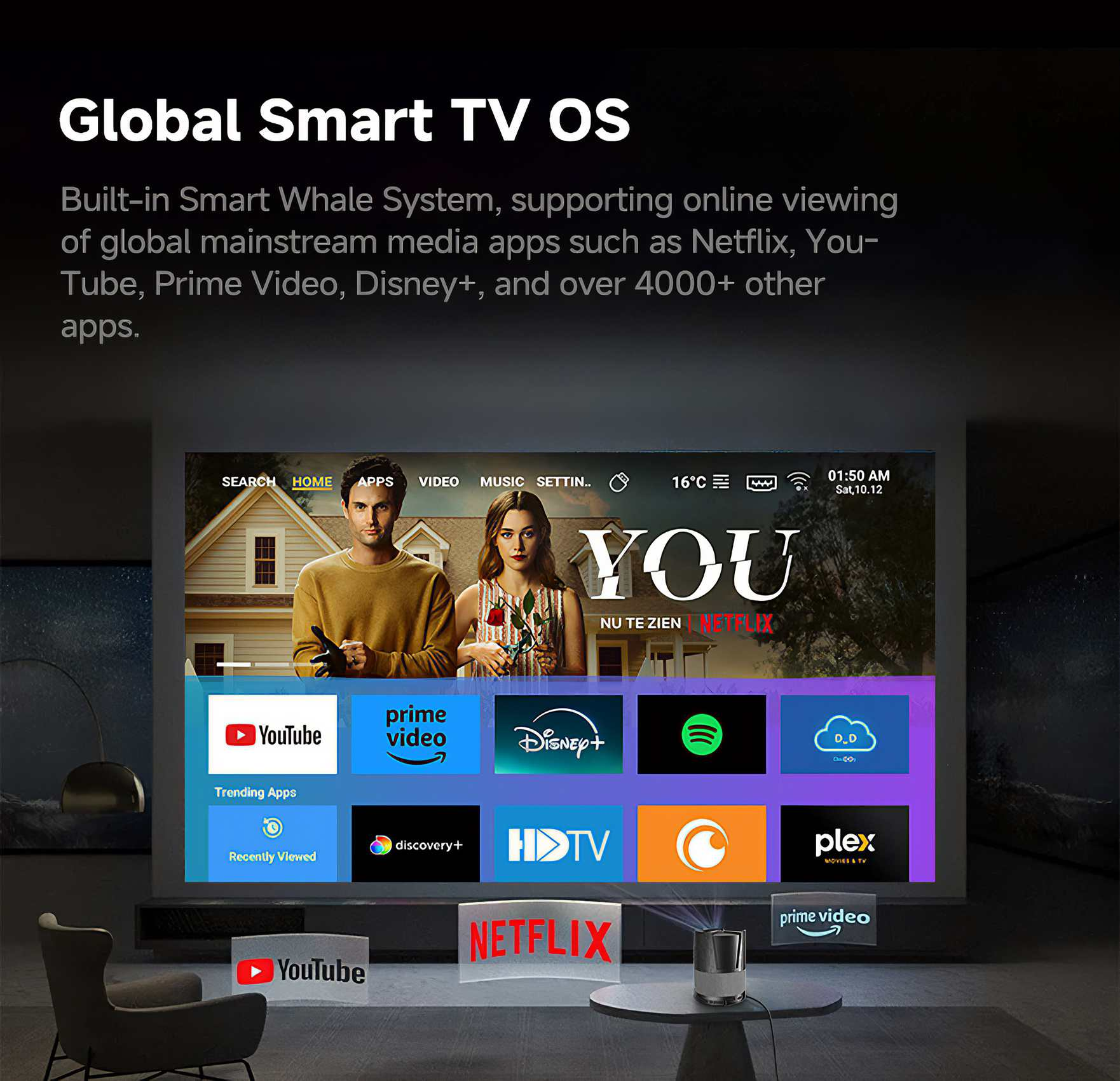 Ein Smart-TV-Bildschirm zeigt Apps wie YouTube und Netflix. Der Bildschirm zeigt eine Szene aus der Serie 'You'.