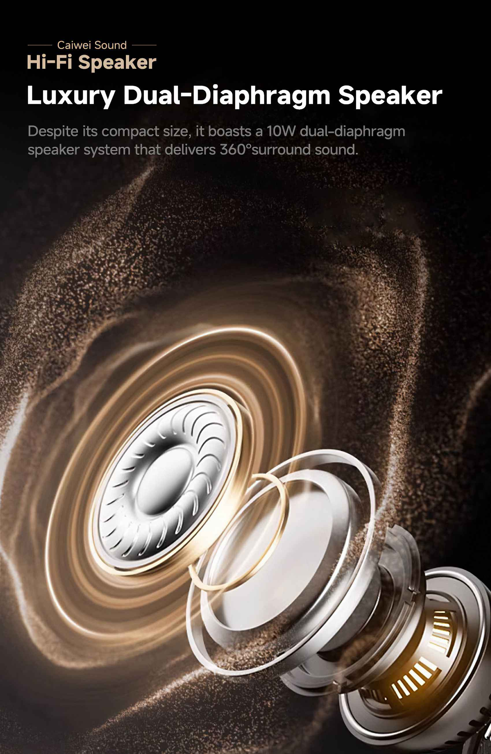 Ein Lautsprecher mit Doppelmembran-System. Er ist silber und goldfarben. Der Text lautet: Luxury Dual-Diaphragm Speaker.
