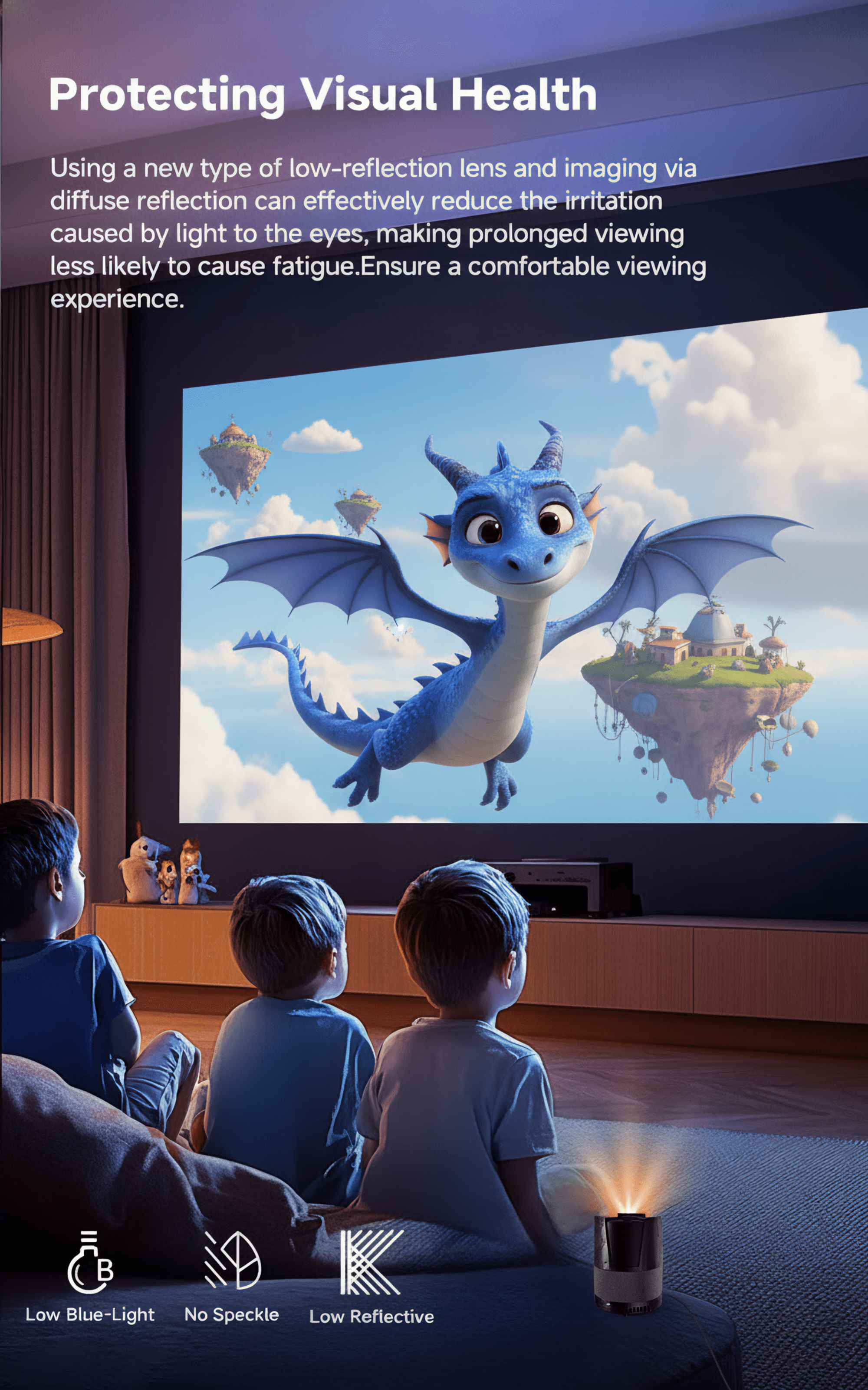 Kinder sehen einen blauen Drachen auf einem Bildschirm. Das Bild wirbt für die Gesundheit der Augen.
