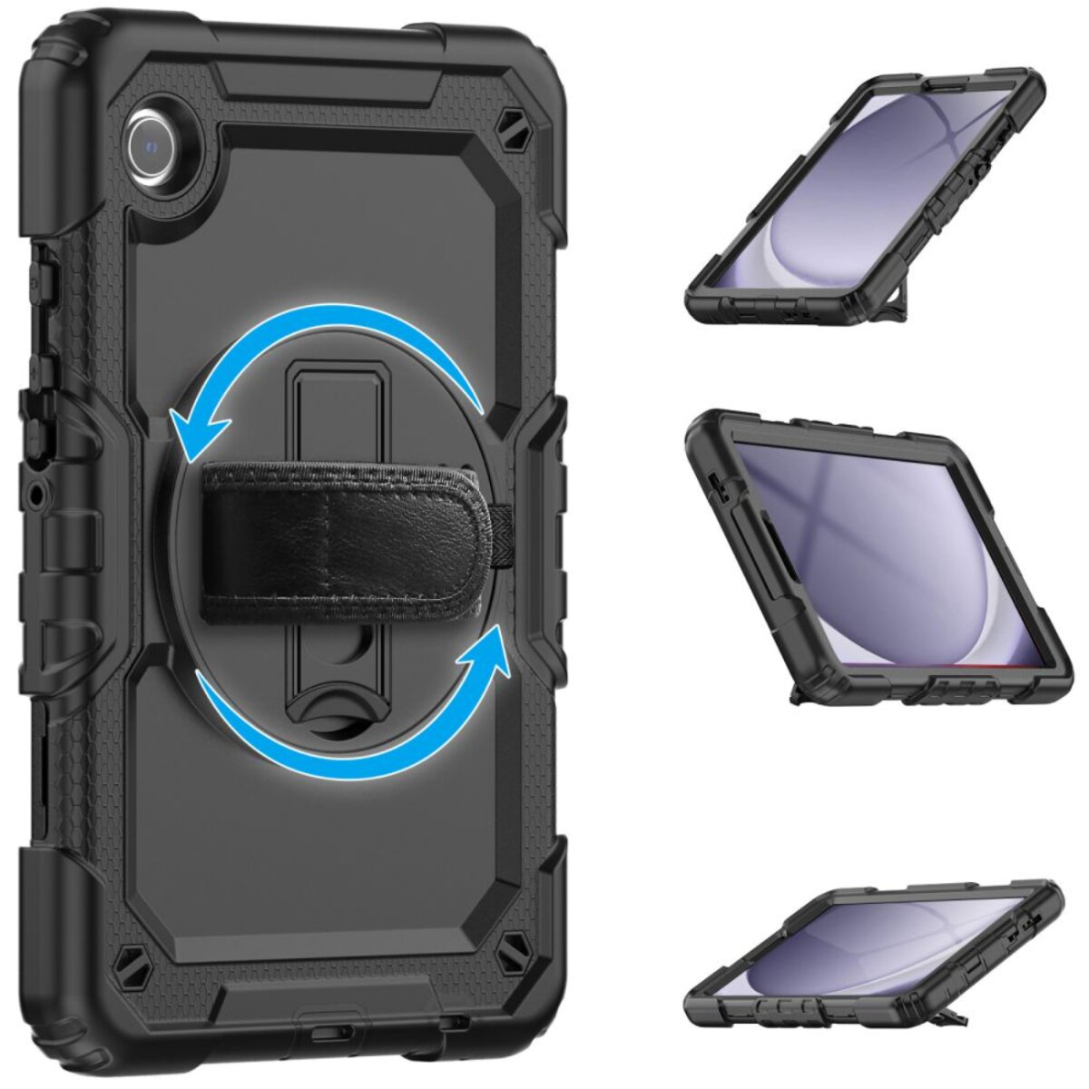 Schwarze Tablethülle mit Handschlaufe. Drei Tablets in schwarzen Hüllen in verschiedenen Winkeln. Blaue Pfeile zeigen die Drehung an.