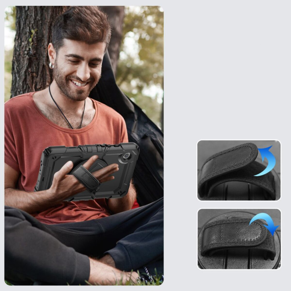 Ein Mann lächelt und hält ein schwarzes Tablet mit Handschlaufe. Er sitzt in der Nähe eines Baumes und eines Zeltes. Zwei Nahaufnahmen zeigen den Riemen.